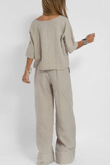 Plus Size Casual Solid Color Linen Pants Set
