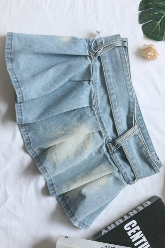 Belted Pleated Denim Mini Skirt