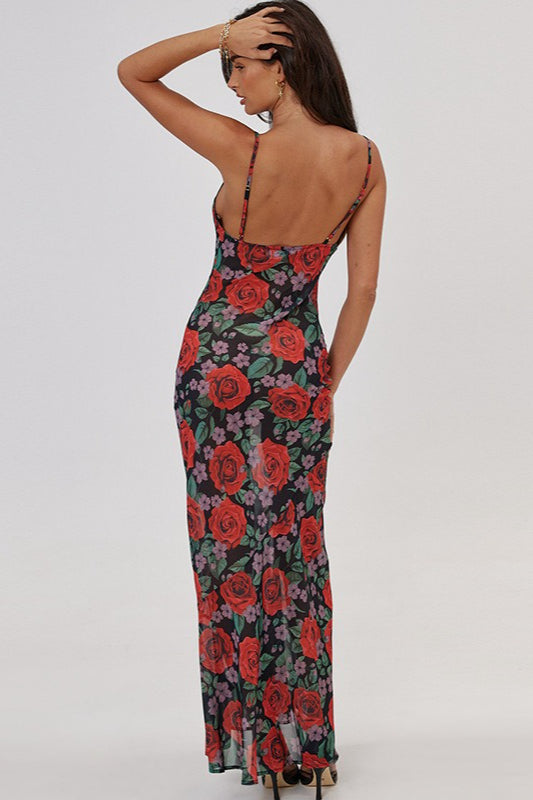 V Neck Printed Strap Slim Maxi Floral Dress