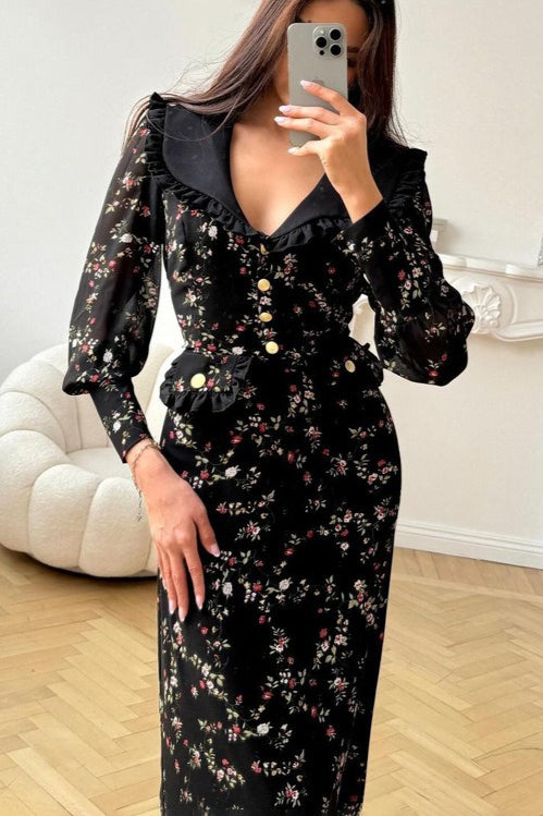 Ruffle Collar Long Sleeve Floral Dress Main image