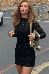 Solid Turtleneck Long Sleeve Lace Rhinestone Bodycon Mini Dress