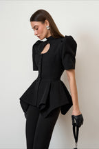 Keyhole Puff Sleeve Asymmetric Peplum Blouse