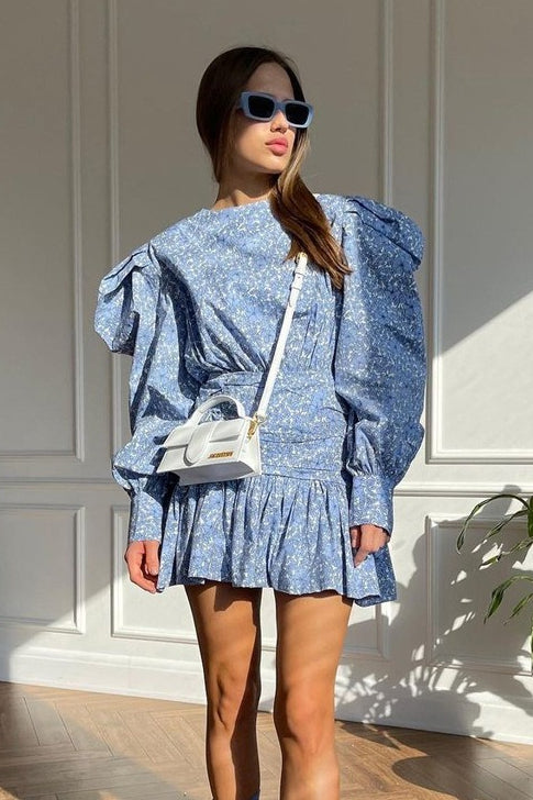 Long Sleeve Pleated Waist Short Floral Dress Secondary image