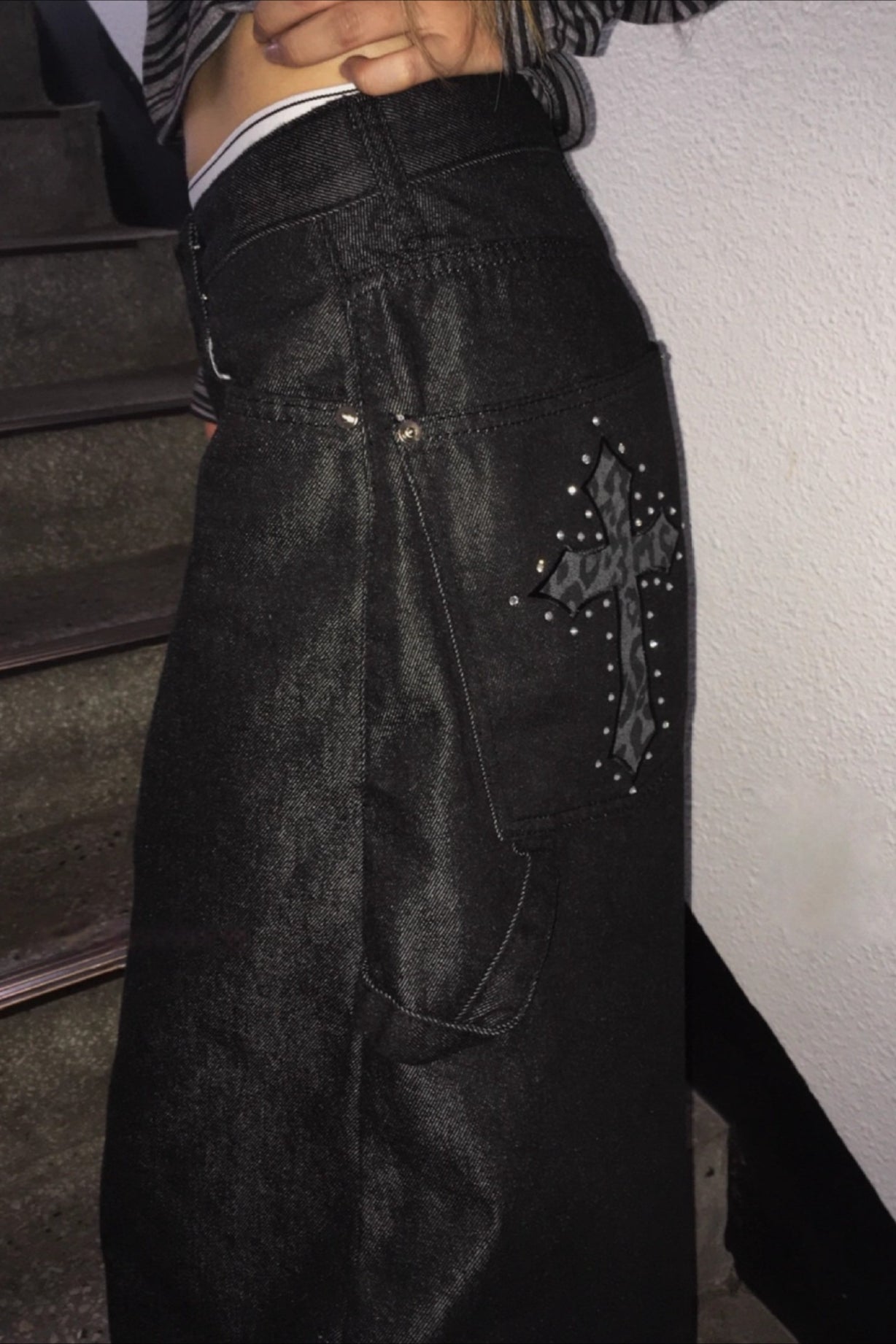 Black Leopard Cross Graphic Loose Curved Leg Jeans
