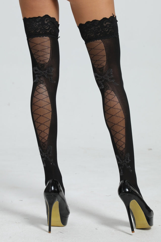 Back Lace Up Black Lace Thigh-High Stockings Main image