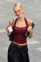 Chic Patchwork Tie Back Slim Fit Halter Top