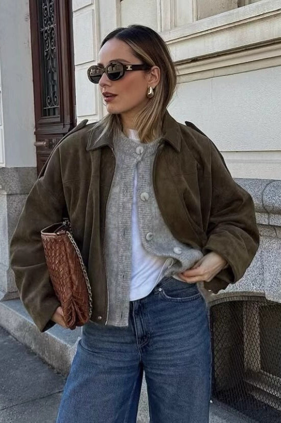 Sueded Texture Bomber Jacket S / Green Main image