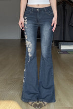 Rose Embroidered Low Rise Flare Leg Jeans