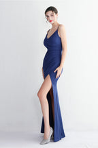 Long Satin Slit Halter Sheath Formal Dress