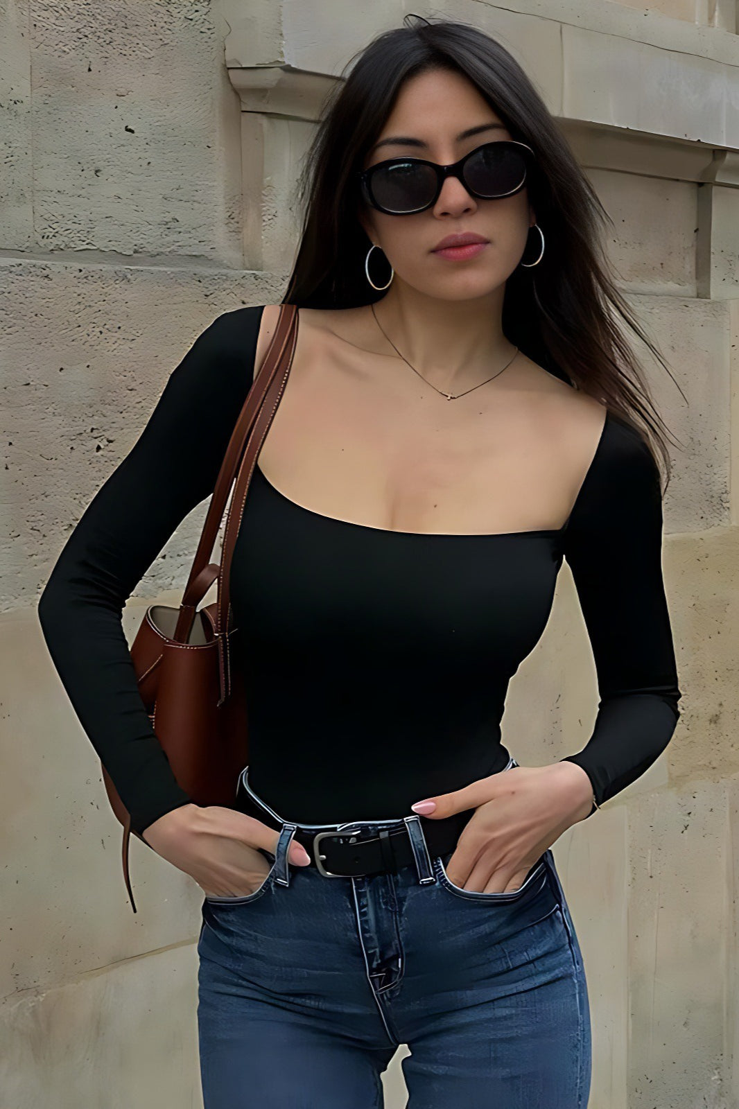 Solid Square Neck Bodycon Long Sleeve Tee Main image