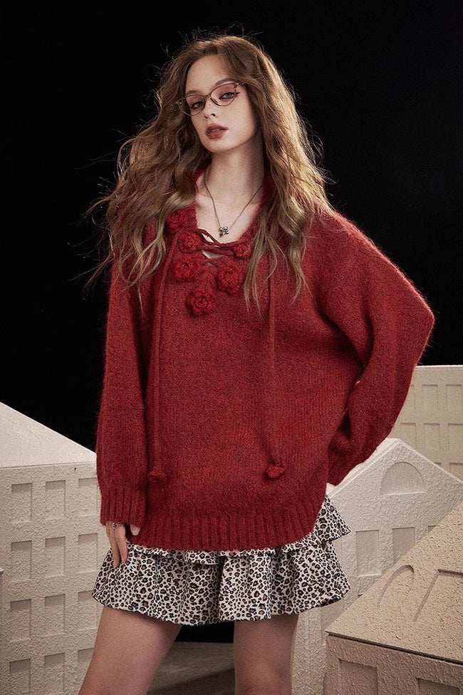 Embroidered Rose V Neck Knit Sweater Main image
