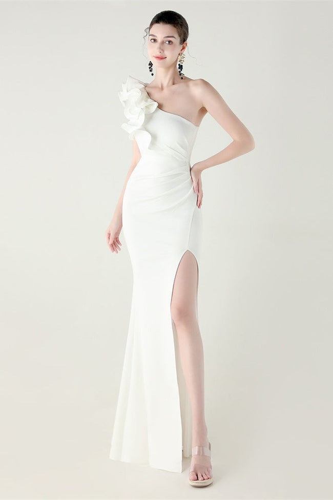 Ruffled Floral One Shoulder Satin Party Dress White / S Main image
