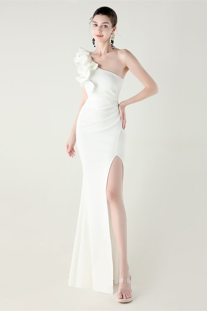 Ruffled Floral One Shoulder Satin Party Dress White / S Main image