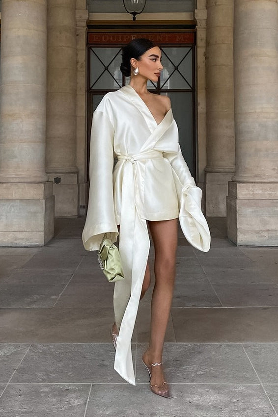 White Satin Long Sleeve Tie Blouse Secondary image