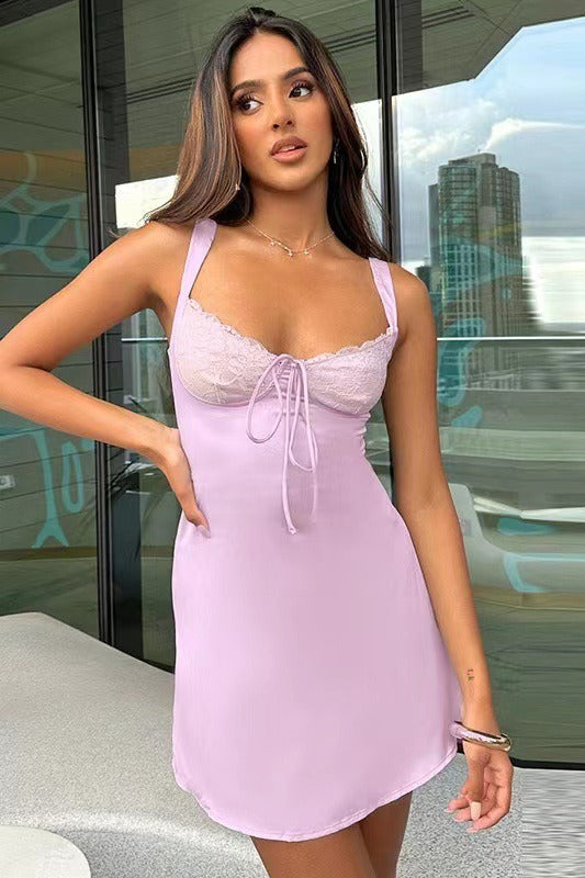 Backless Lace Panel A-line Cocktail Dress S / Pink