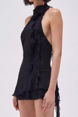 Asymmetric Rose Halter  Mini Dress