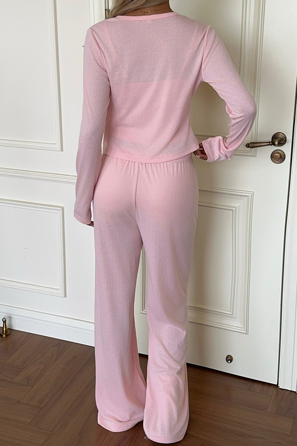 Button Front Cardigan Wide Leg Pants Set