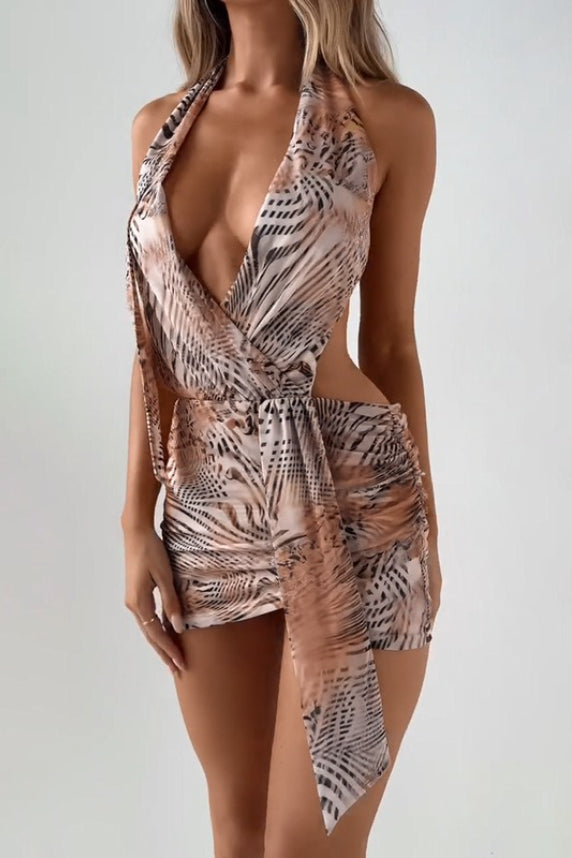 Zebra Print Cowl Neck Backless Bodycon Mini Dress Main image