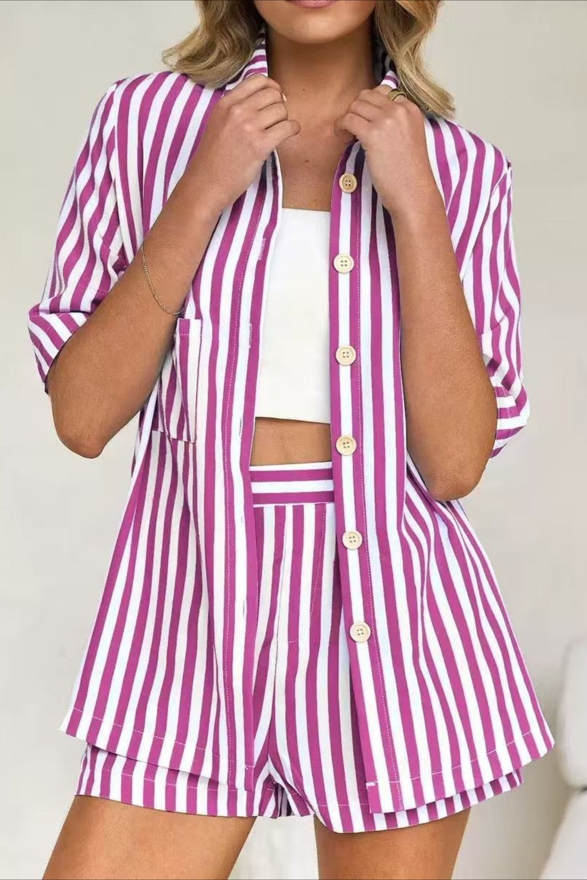 Button Down Striped Short Sleeve Blouse Shorts Set Secondary image