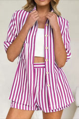 Button Down Striped Short Sleeve Blouse Shorts Set