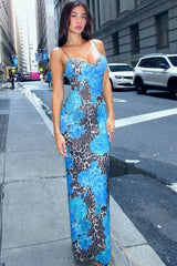 Blue Leopard Print Slim Strap Maxi Floral Dress