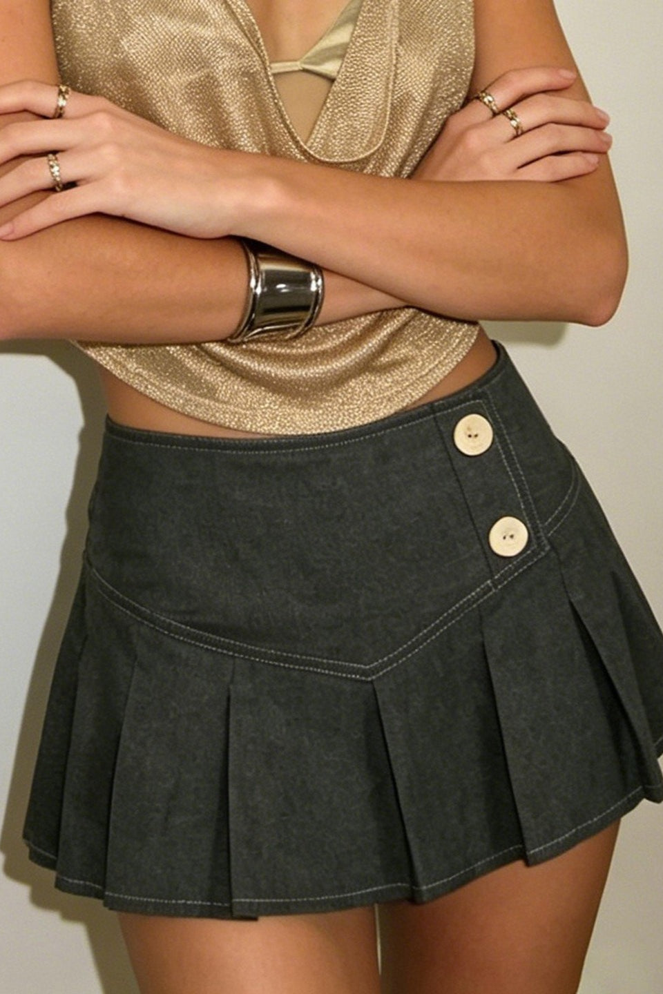 Buttoned Pleated Denim Mini Skirt