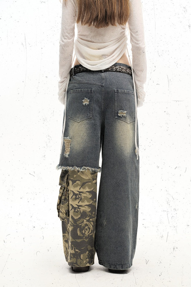 Camo Panel Distressed Wide Leg Jeans