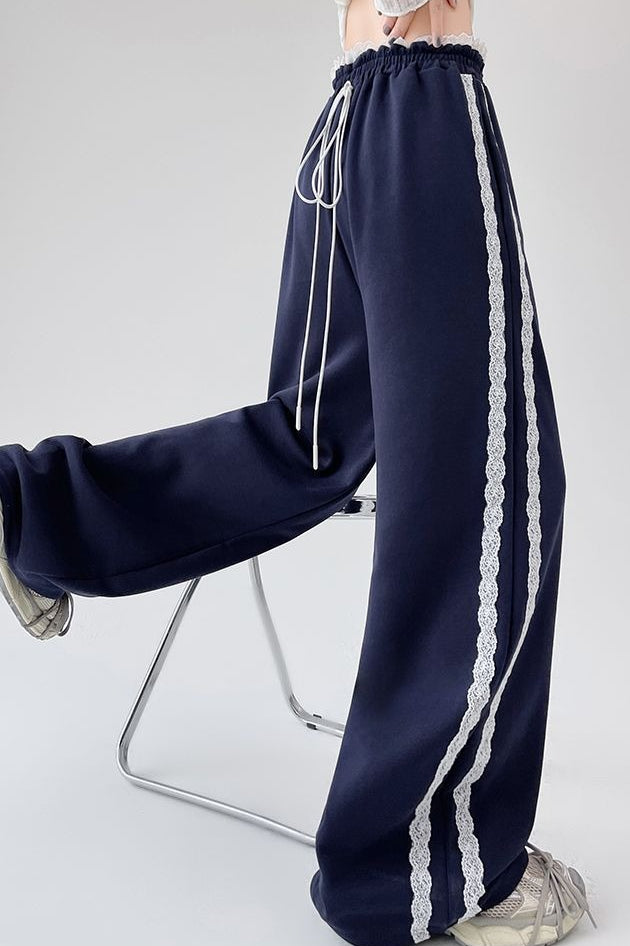 Lace Panel Athletic Wide Leg High Waist Pants Main image