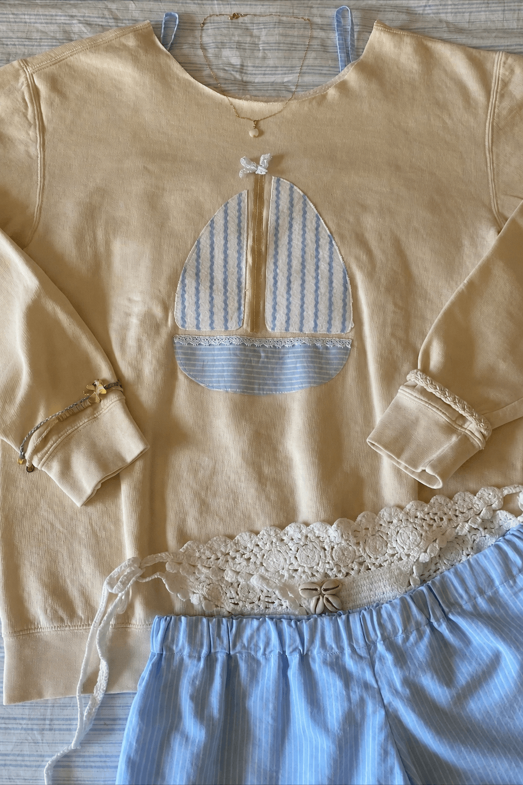 Sailboat Patchwork Off Shoulder Sweatshirt