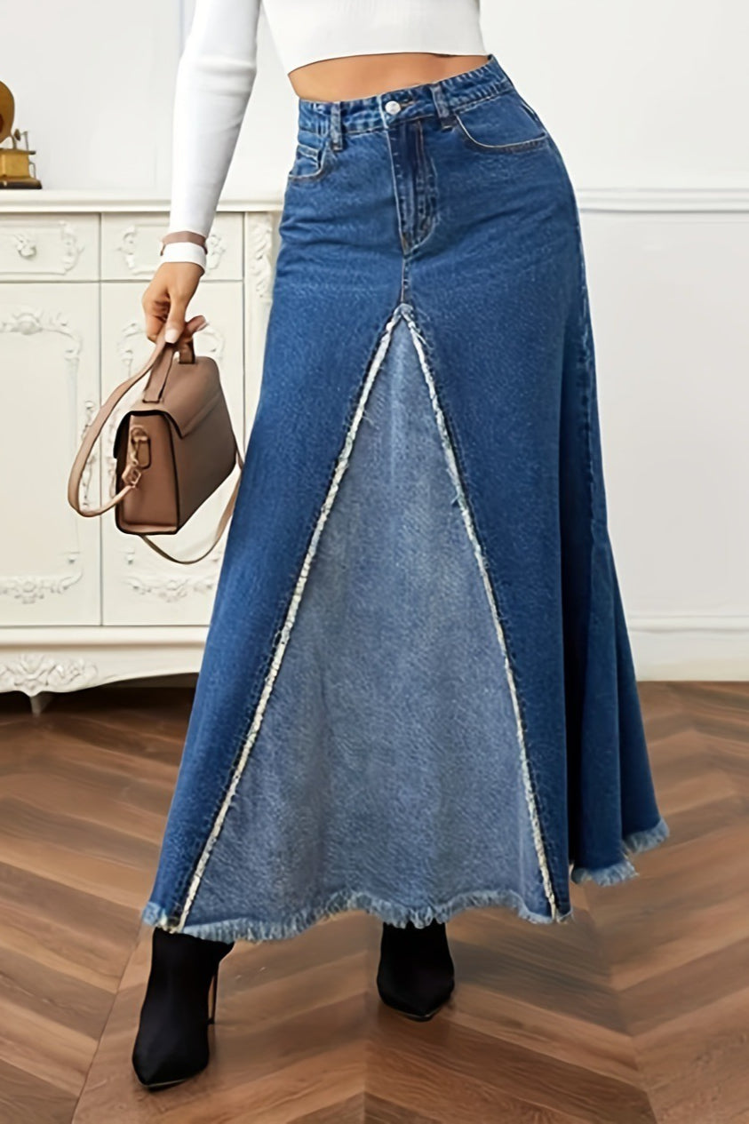 Panelled Full Volume Maxi A Line Denim Skirt