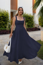 Solid Square Neck Sleeveless Cocktail Dress S / Blue