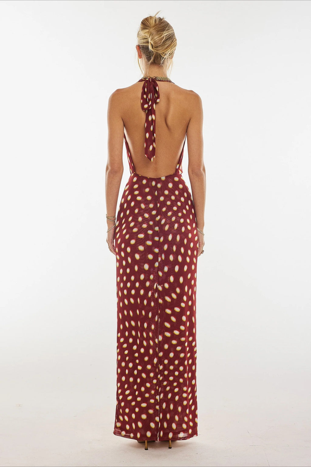 Red Polka Dot Halter Waist Cinched Maxi Dress