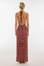 Red Polka Dot Halter Waist Cinched Maxi Dress
