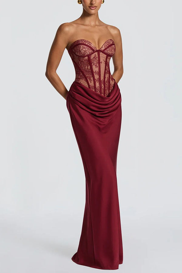 Lace Corset Draped Satin Formal Dress
