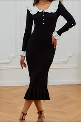 Contrast Ruffled Slim French Knit Sweater Dress