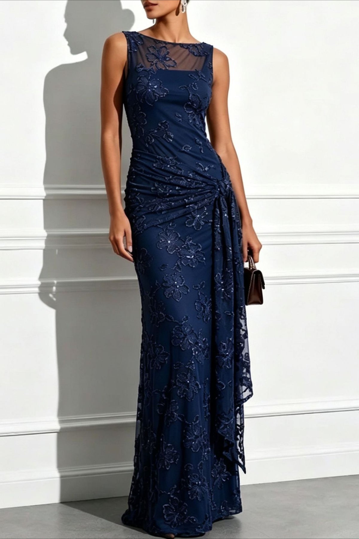 Sequin Jacquard Mesh Column Formal Dress
