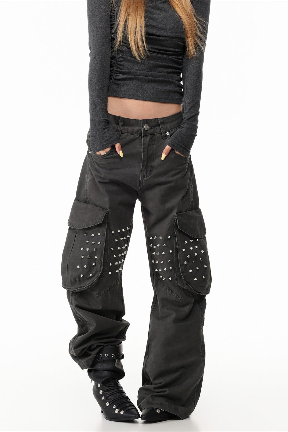 Studded Pocket Wide Leg Cargo Pants