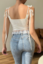 Sexy Lace Trim Backless Tie Crop Top