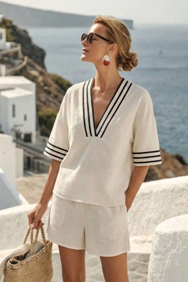 Casual Colorblock Striped V Neck Knit Shorts Set Main image