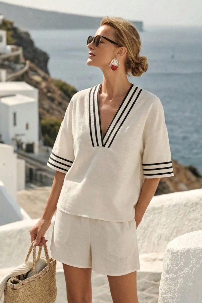 Casual Colorblock Striped V Neck Knit Shorts Set Main image
