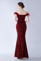 Velvet Sequin Ostrich Feather Off Shoulder Formal Dress