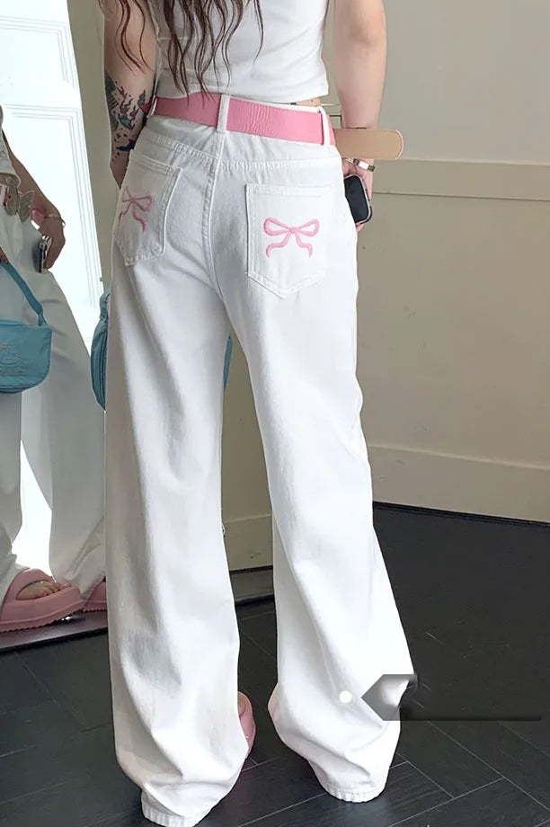 Embroidered Pink Bow Wide Leg Jeans White / XS Main image