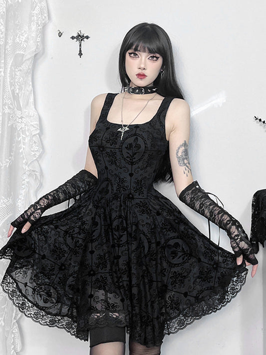 Gothic Vintage Lace Patchwork Sleeveless Spaghetti Strap Bodycon Cami Dress