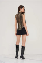 Sheer Mesh Print Ribbon Tie Halter Top