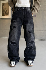 Black Washed Graffiti Faux Ripped Relaxed Straight Jeans