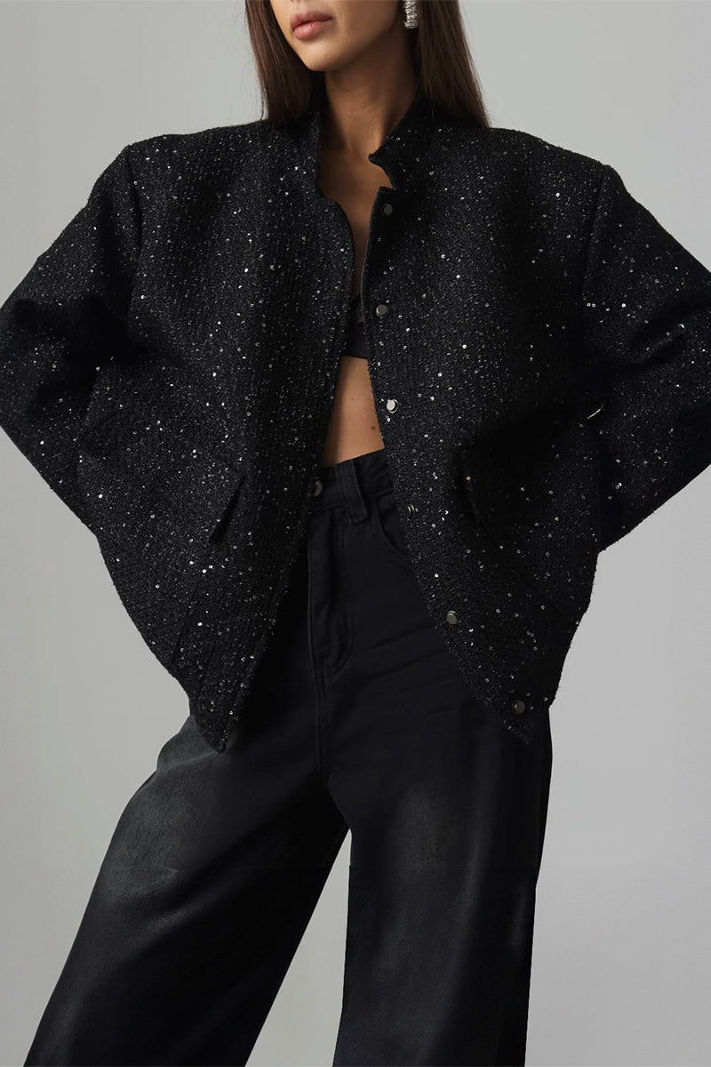 Sequin Stand Collar Pocket Jacket Black / S
