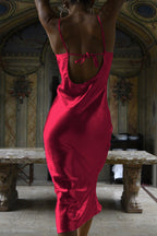 Cowl Neck Satin Open Back Cocktail Dress