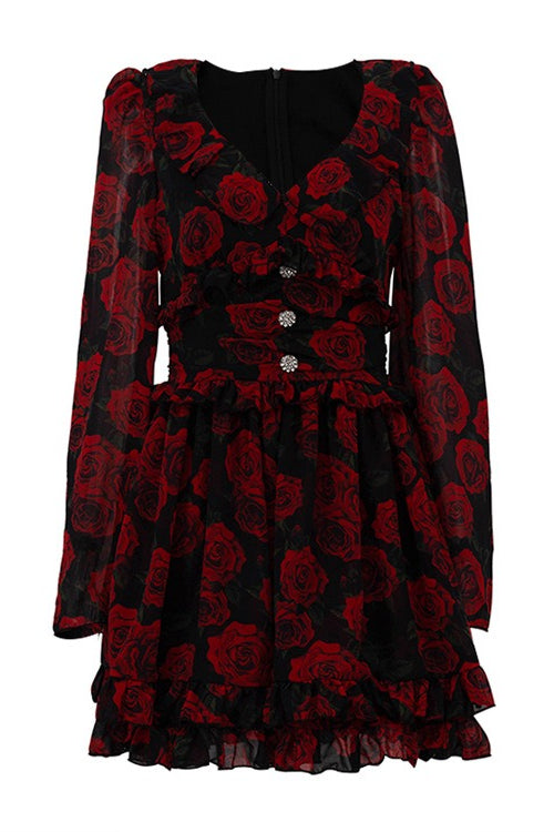 V Neck Long Sleeve A Line Floral Dress