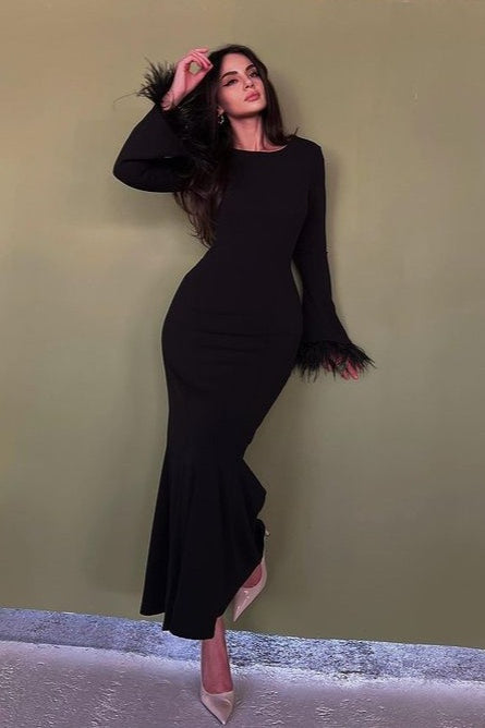Feather Trim Bodycon Maxi Dress S / Black Main image