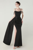 Satin Spaghetti Strap Mermaid Party Dress Black / S